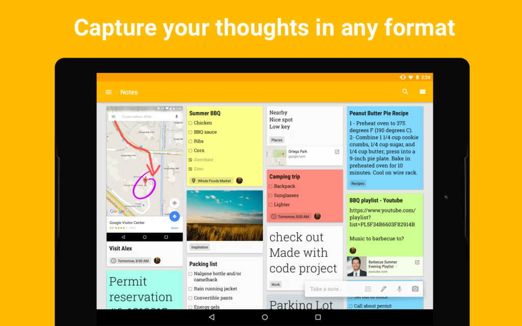 En la imagen observamos una captura de pantalla de Google Keep y las diferentes opciones de crear una Nota. Muy limpio, organizado, con colores, imágenes, listados... etc. Un placer para la vista.
